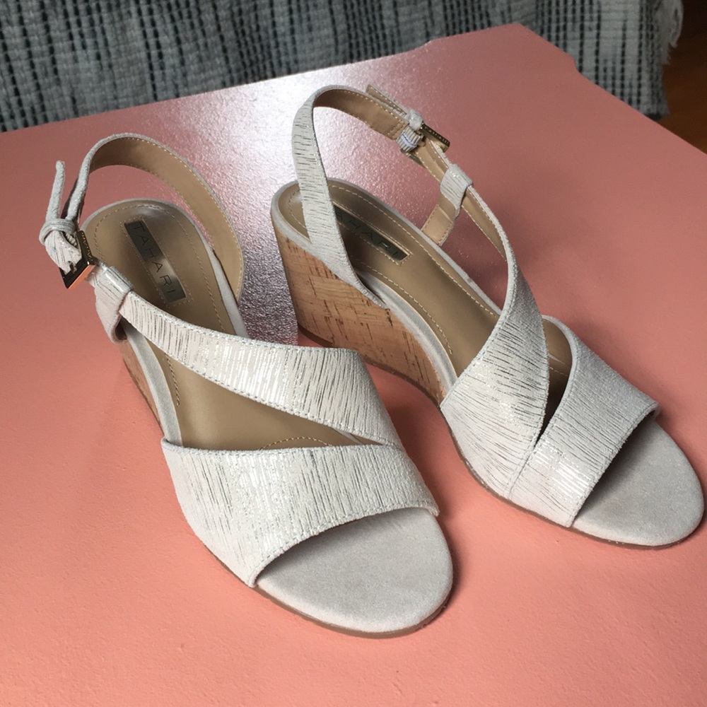 Tahari Cream/tan suede wedge sandals.